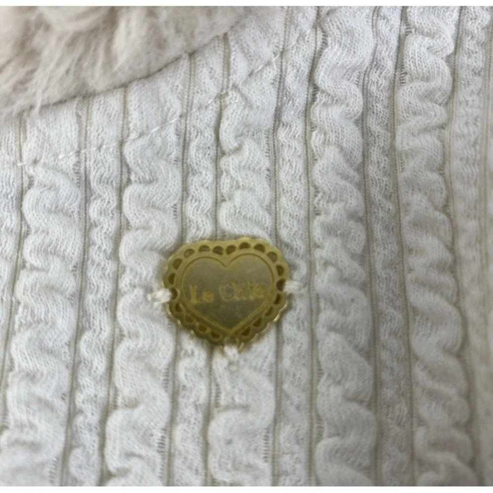 Le Chic Cardigan Kids Size 2 Cream Faux Fur Trim Cable Knit Pearl Button